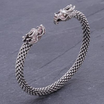Alternate image for Dragon Themed Unisex Sterling Silver Cuff Bracelet Double Dragons