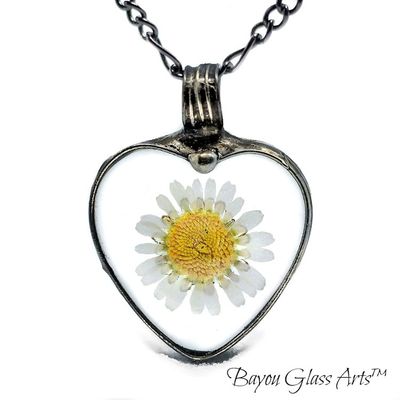 Alternate image for Real Pressed Flower Daisy Pendant Necklace for Women, Stained Glass Jewelry