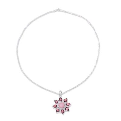 Alternate image for Pink Opal and Garnet Sterling Silver Flower Necklace Glowing Flower