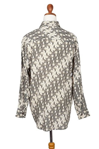 Alternate image for Mens Dark Grey on Pale Yellow Print Rayon Long Sleeve Shirt Parang Chic