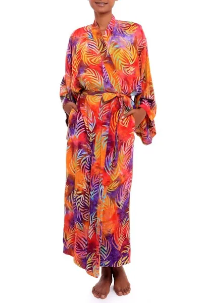 Alternate image for Red Orange Batik Print Long Sleeved Rayon Robe with Belt Sunset Grove