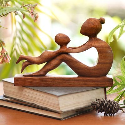 Alternate image for Hand-Carved Suar Wood Mother and Child Sculpture from Bali Playful Mother