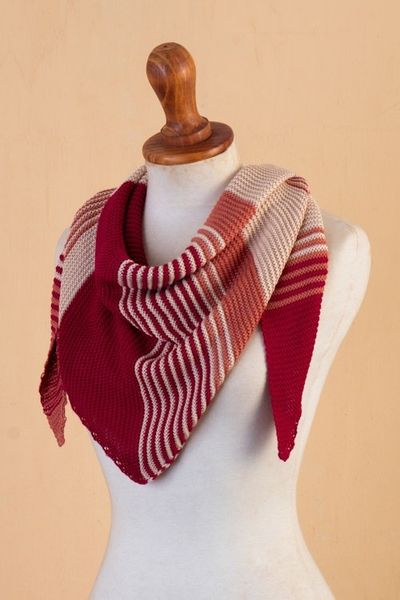 Alternate image for Red Salmon Cotton Blend Scarf Hand-Knit in Triangle Shape Spectacular Sunset