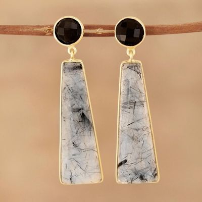 Alternate image for Gold Plated Tourmalinated Quartz and Onyx Dangle Earrings Elegant Towers
