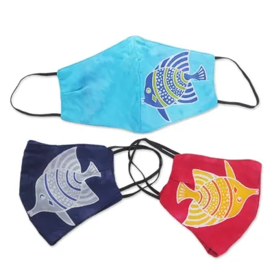 Alternate image for 3 Handmade Rayon Batik Fish Cotton 2-Layer Face Masks Balinese Fish