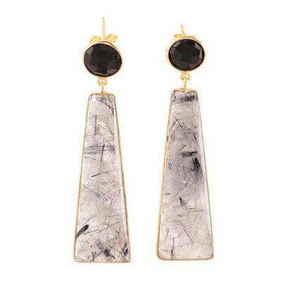 Alternate image for Gold Plated Tourmalinated Quartz and Onyx Dangle Earrings Elegant Towers