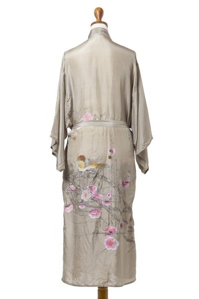 Alternate image for Hand-Painted Silk Robe with Floral Motif Sakura Blossoms