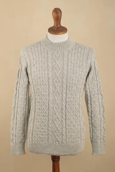 Primary image for Mens 100 Alpaca Pullover Sweater With Braid Pattern Grey Braids