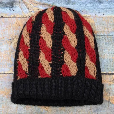 Primary image for Cable Knit Alpaca Blend Hat in Black and Red Hues Braided Red