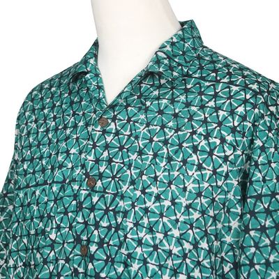 Alternate image for Geometric Batik Cotton Shirt in Green and Black Hues Viridian Gallant