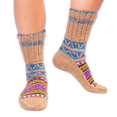 Alternate image for Hand-Knit Geometric Patterned Thick Slipper Style Socks Chai Tea