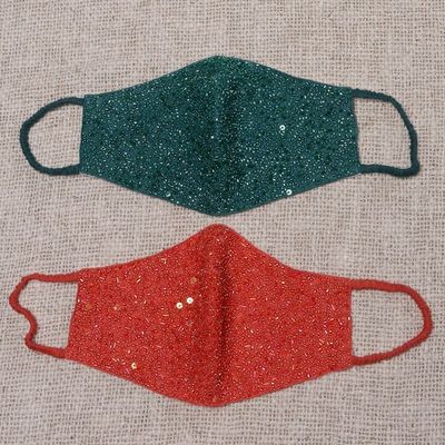 Alternate image for 2 Hand Beaded Cotton Contoured Masks in Green and Orange Feeling Glamorous