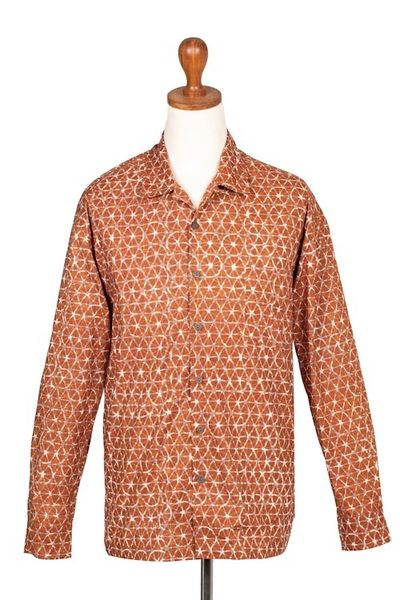 Alternate image for Russet and Salamander Geometric Batik Cotton Shirt for Men Denpasar Gentleman in Russet