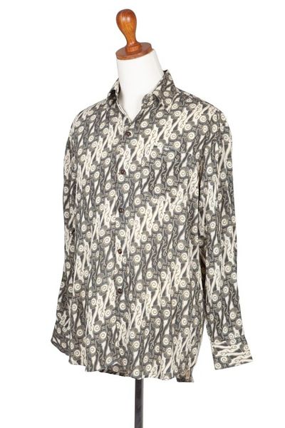 Alternate image for Mens Dark Grey on Pale Yellow Print Rayon Long Sleeve Shirt Parang Chic