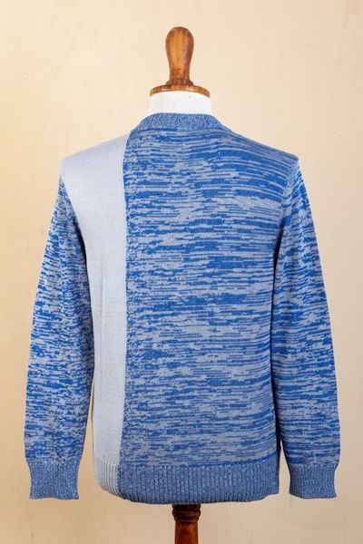 Alternate image for Knit Blue Beige Cotton Sweater for Men Made in Peru Sky Blue