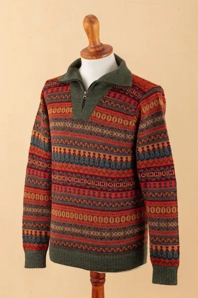 Alternate image for Mens Fair Trade Alpaca Art Knit Pullover Sweater Mountain Sunset