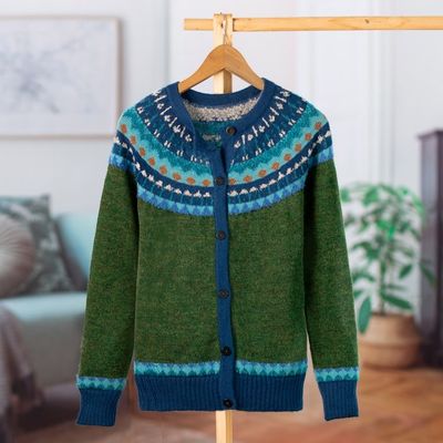 Primary image for 100 Alpaca Green Yoke Cardigan From Peru Andean Forests