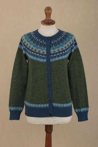 Alternate image for 100 Alpaca Green Yoke Cardigan From Peru Andean Forests