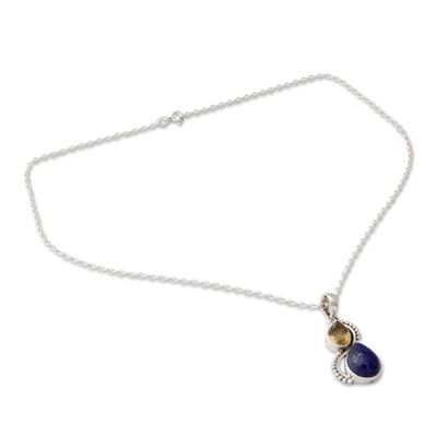 Alternate image for India Silver and Lapis Lazuli Necklace with Faceted Citrine Two Teardrops