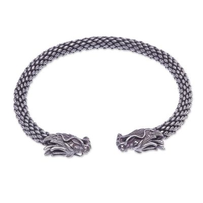 Alternate image for Dragon Themed Unisex Sterling Silver Cuff Bracelet Double Dragons