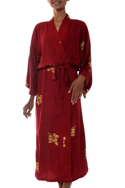Alternate image for Handcrafted Balinese Rayon Batik Robe in Red and Yellow Red Passion