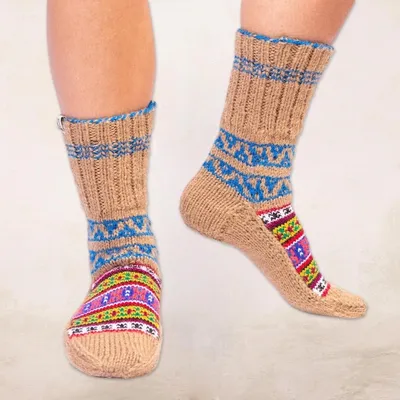 Alternate image for Hand-Knit Geometric Patterned Thick Slipper Style Socks Chai Tea