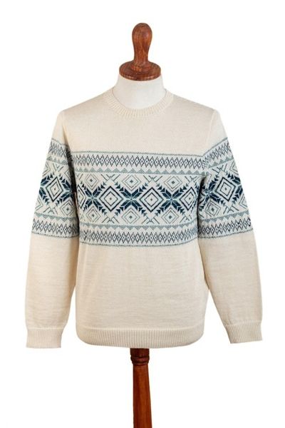Alternate image for 100 Alpaca Mens Pullover Sweater with Geometric Design Clouds in the Andes