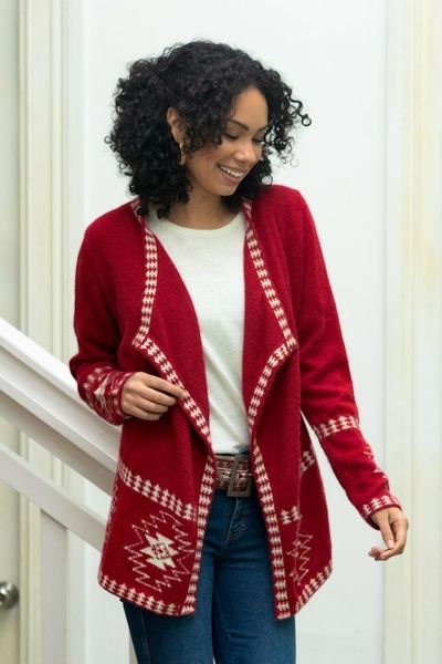 Alternate image for Red Alpaca Wool Cardigan with White Glyph Stars from Peru Glyph Stars