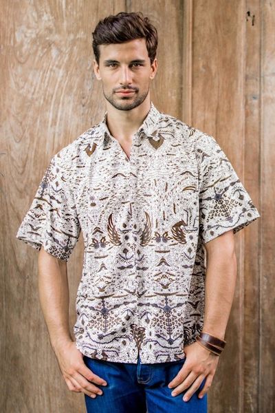 Primary image for Mens Brown  White Short Sleeve Cotton Batik Button Shirt Continuous Love