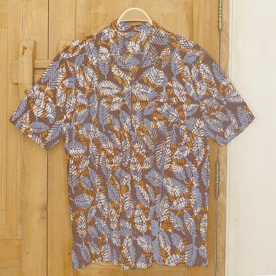 Alternate image for Mens Short-Sleeved Brown Cotton Batik Shirt from Bali Brown Leaf Shadows