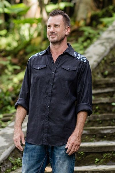 Alternate image for Mens Linen Shirt with Handmade Floral Embroidered Details Coal Garden