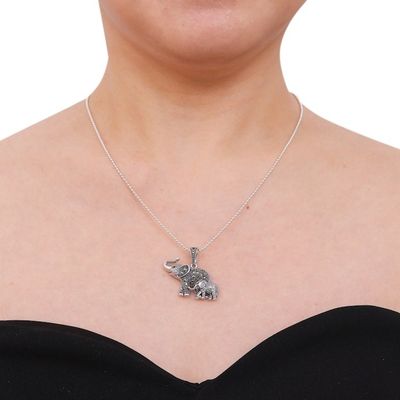 Alternate image for Garnet and Marcasite Elephant Pendant Necklace from Thailand Glistening Elephants