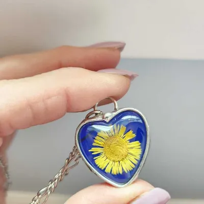 Alternate image for Blue Stained Glass Heart Necklace for Women, Real Pressed Flower Sunflower, Artisan Hand Crafted Jewelry