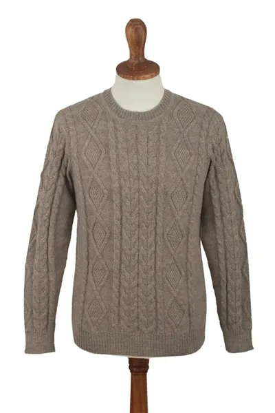 Alternate image for Mens Mushroom Brown 100 Alpaca Cable Knit Pullover Sweater Mushroom Brown Geometry