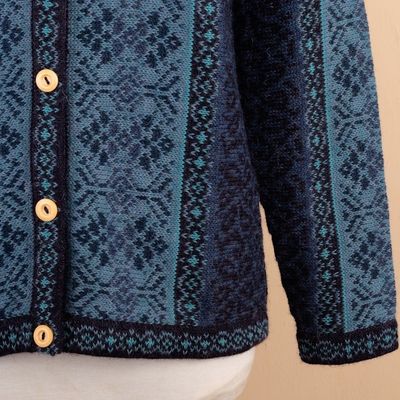 Alternate image for Handcrafted Floral Alpaca Wool Art Knit Cardigan Blue Andean Poinsettia