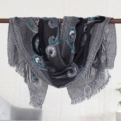 Alternate image for Hand-Embroidered Wool Shawl with Turquoise Details Caribbean Paisley
