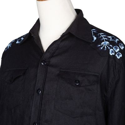 Alternate image for Mens Linen Shirt with Handmade Floral Embroidered Details Coal Garden