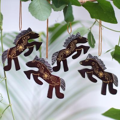 Alternate image for Set of 4 Handmade Mahogany Wood Horse Ornaments from Bali Little Horses