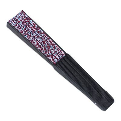 Alternate image for Unique Silk Batik Fan with Floral Print Aster Blue