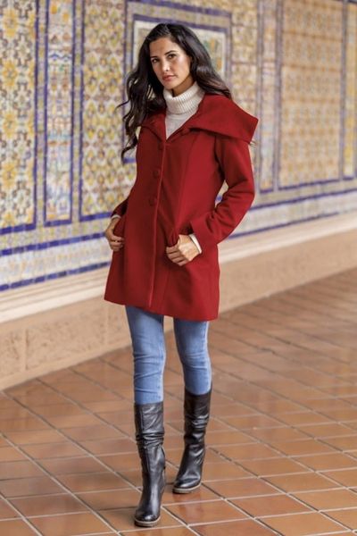 Alternate image for Red Baby Alpaca and Wool Coat with Flared Design from Peru Red Classic