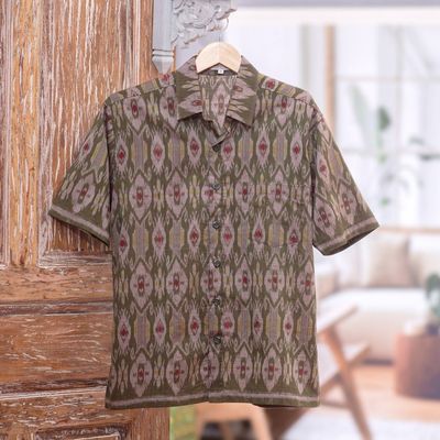 Alternate image for Hand Woven Mens Short Sleeved Cotton Shirt Green Summer