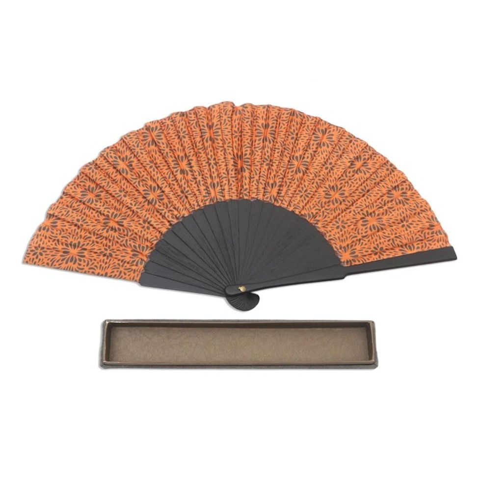 Hand Crafted Orange Batik Silk Fan 'Aster Orange'
