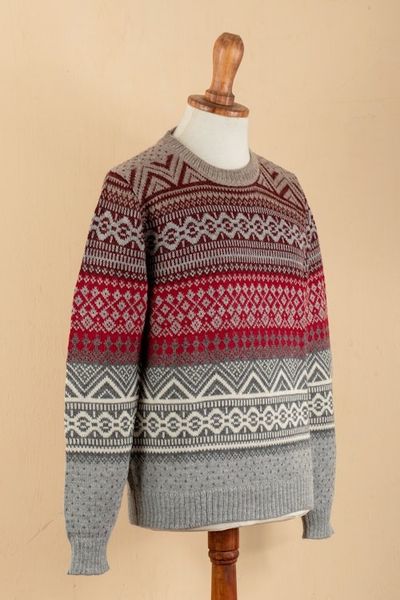 Alternate image for Mens Soft Grey and Red 100 Alpaca Pullover from Peru Grey Adventures