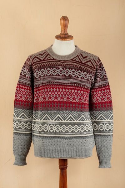 Primary image for Mens Soft Grey and Red 100 Alpaca Pullover from Peru Grey Adventures