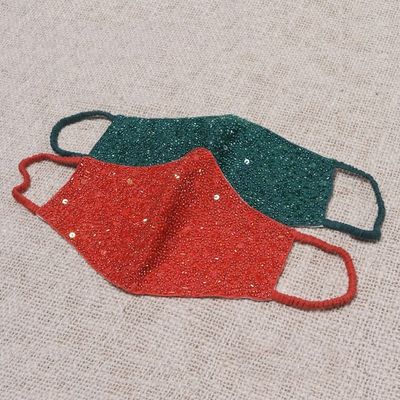 Alternate image for 2 Hand Beaded Cotton Contoured Masks in Green and Orange Feeling Glamorous