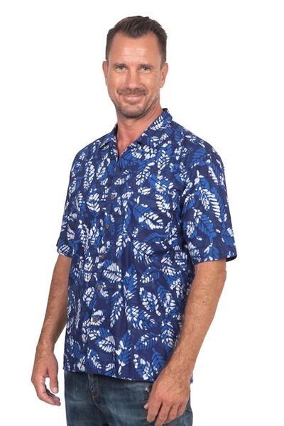 Alternate image for Mens Short-Sleeved Blue Cotton Batik Shirt from Bali Blue Leaf Shadows