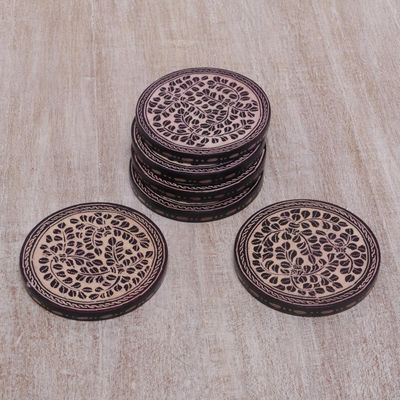 Alternate image for Indonesian Cream and Black Wood Batik Coasters Set of 6 Paddy Harvest