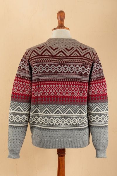Alternate image for Mens Soft Grey and Red 100 Alpaca Pullover from Peru Grey Adventures