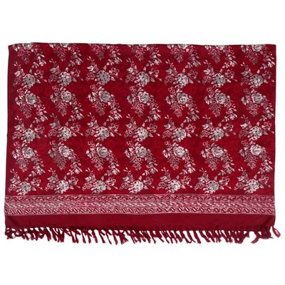 Alternate image for Red Floral Rayon Sarong with Hand Stamped Batik Pattern Tropical Garden in Claret