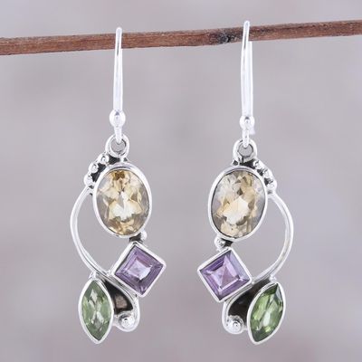 Alternate image for Citrine Amethyst Peridot and Sterling Silver Dangle Earrings Sun with Violets